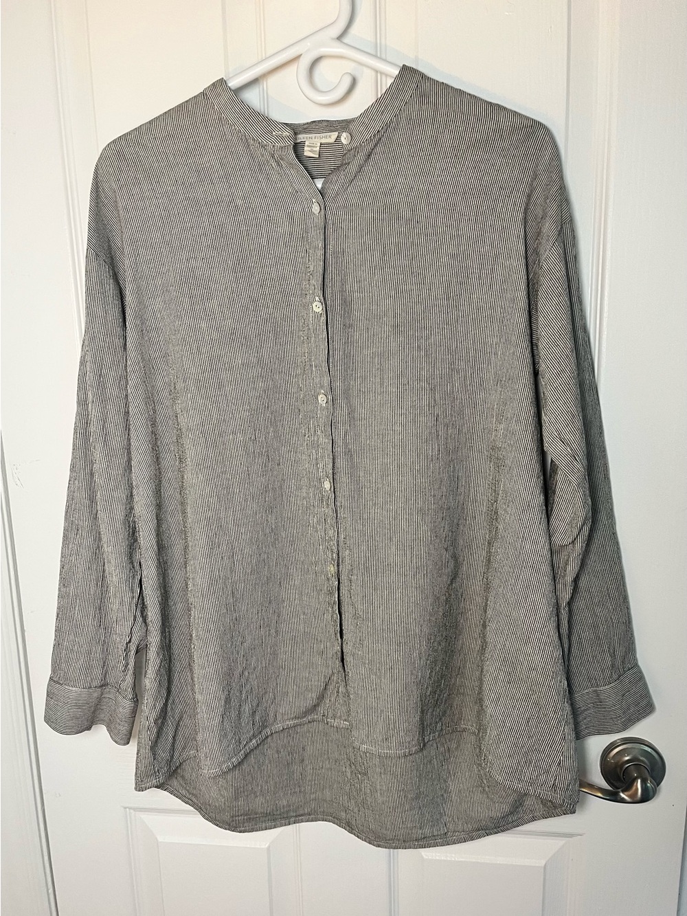 Eileen Fisher Organic Linen Striped Band Collar Shirt Size XS